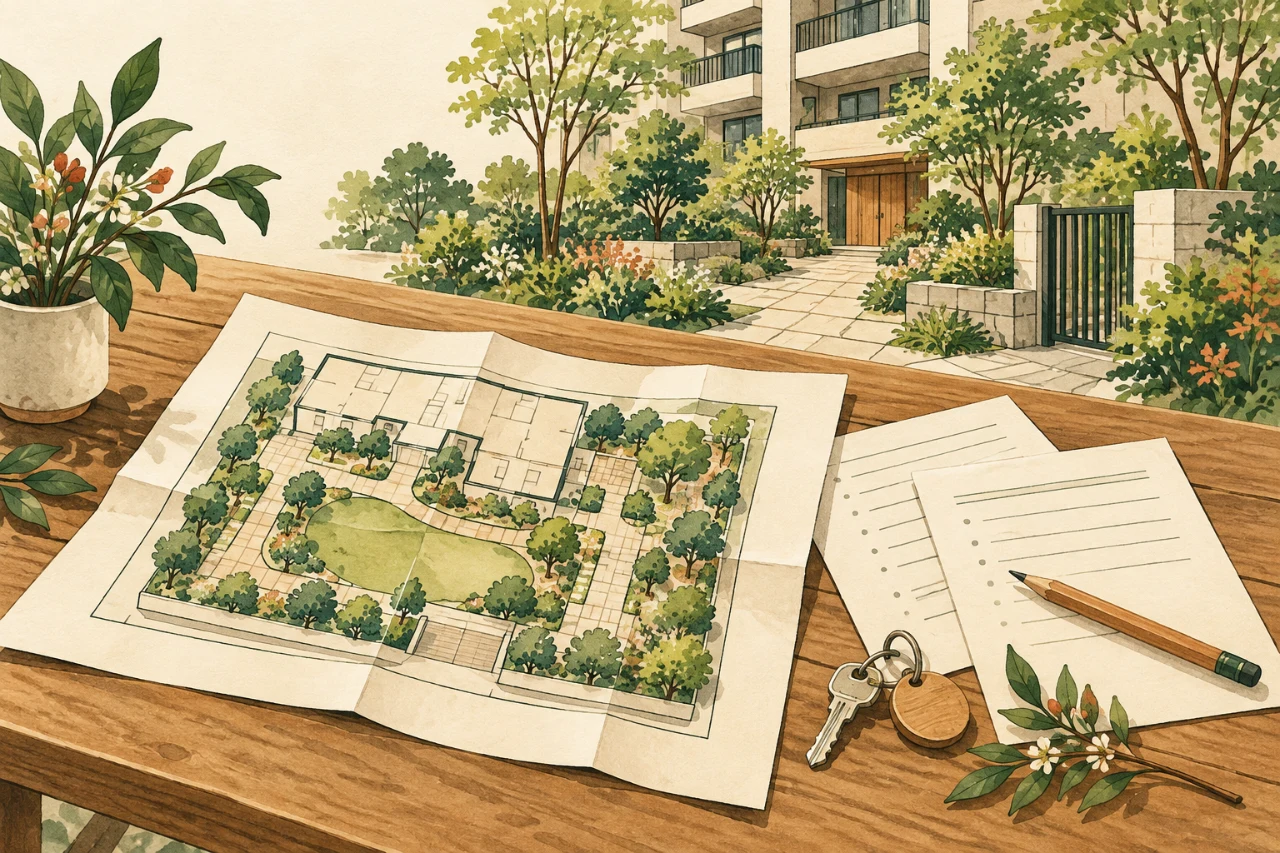 集合住宅の植栽図、見積用の書類、鍵を並べた人物なしのイメージイラスト