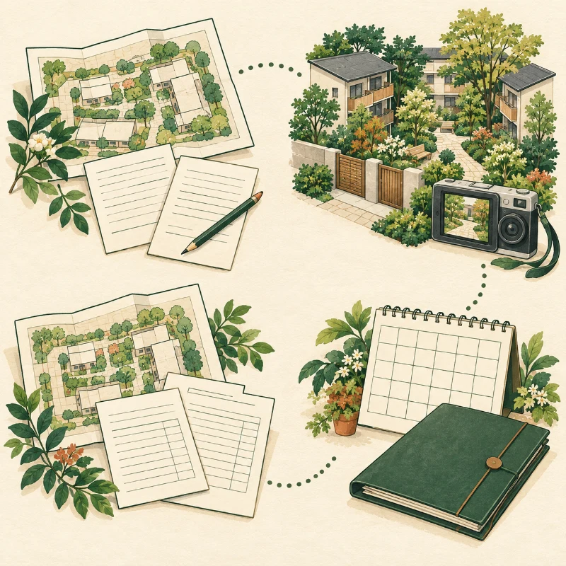 植栽図・建物・カメラ・書類・カレンダーで相談の流れを表した人物なしのイメージイラスト