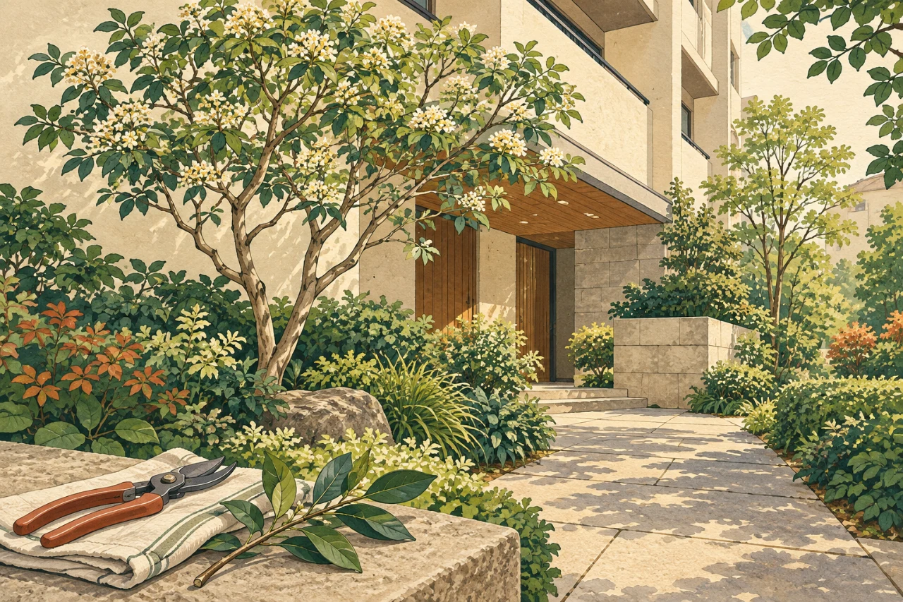 集合住宅の庭木と剪定ばさみを描いた人物なしのイメージイラスト