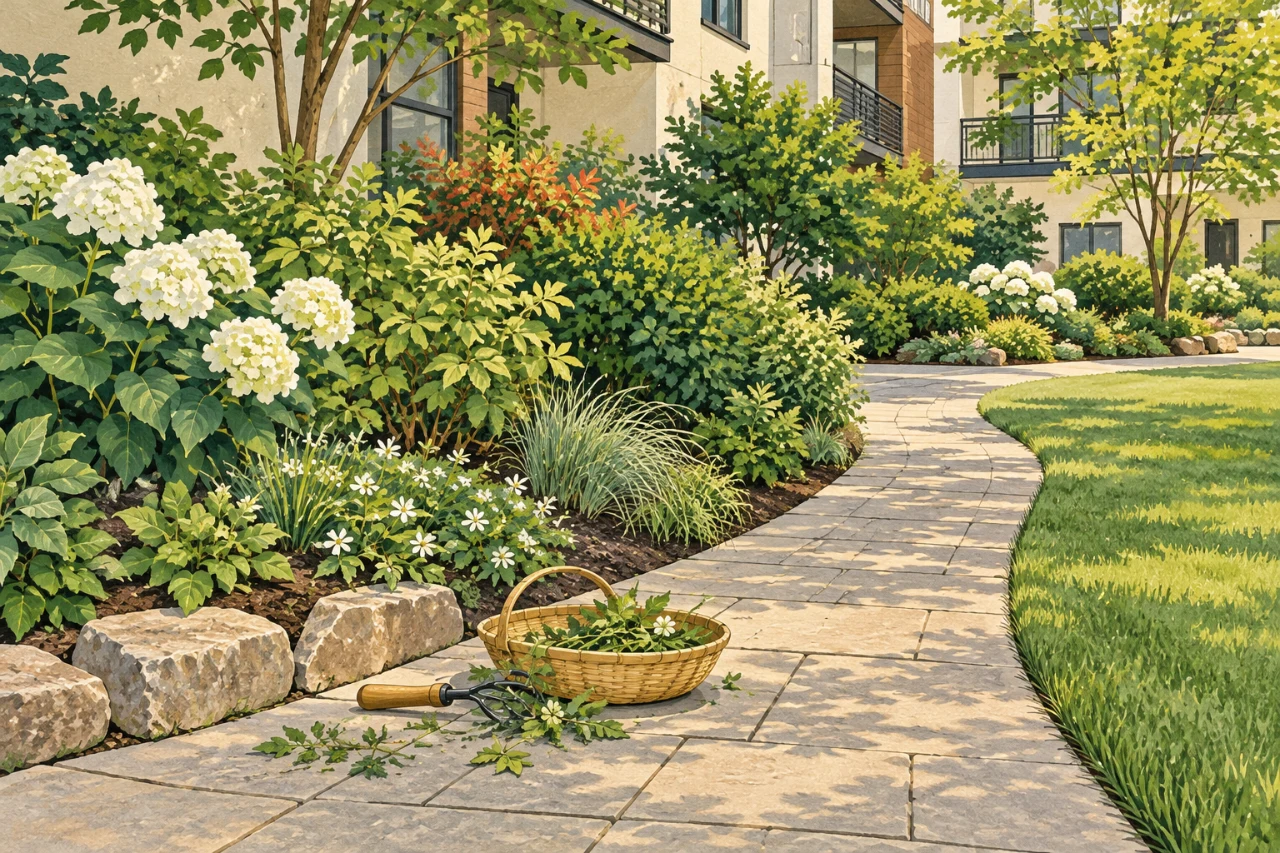 植え込み・芝・通路と除草道具を描いた人物なしのイメージイラスト