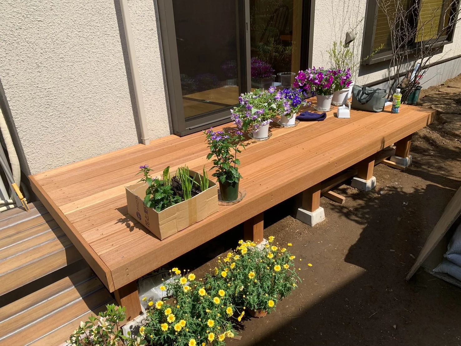 鉢植えが並ぶ木製デッキ